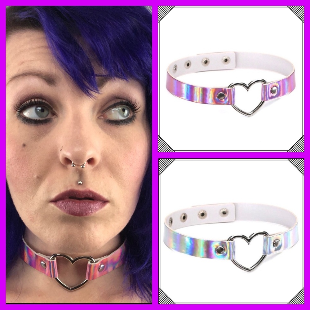 * Holographic Heart Choker Necklace * Pink Silver